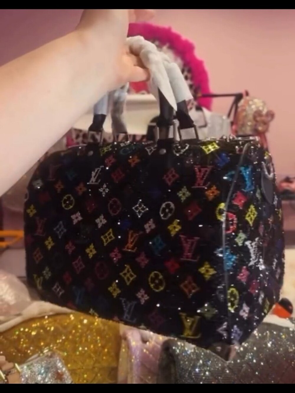 Luxury-Inspired Black Multicolor Sparkle Satchel